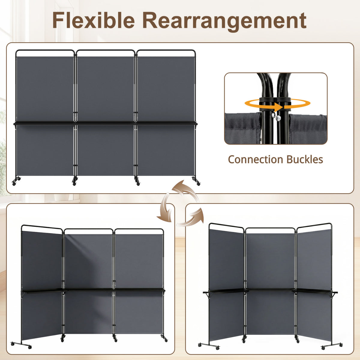 3-Panel Room Divider with Shelves 6 FT Tall Folding Privacy Screen with Lockable Wheels-Gray