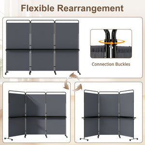 3-Panel Room Divider with Shelves 6 FT Tall Folding Privacy Screen with Lockable Wheels-Gray