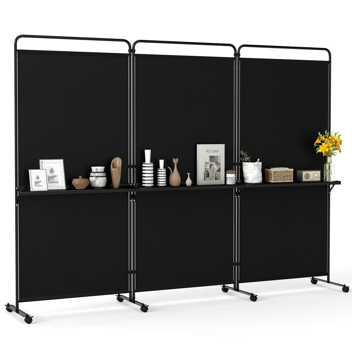 3-Panel Room Divider with Shelves 6 FT Tall Folding Privacy Screen with Lockable Wheels-Black