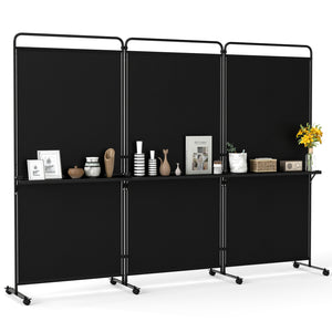3-Panel Room Divider with Shelves 6 FT Tall Folding Privacy Screen with Lockable Wheels-Black