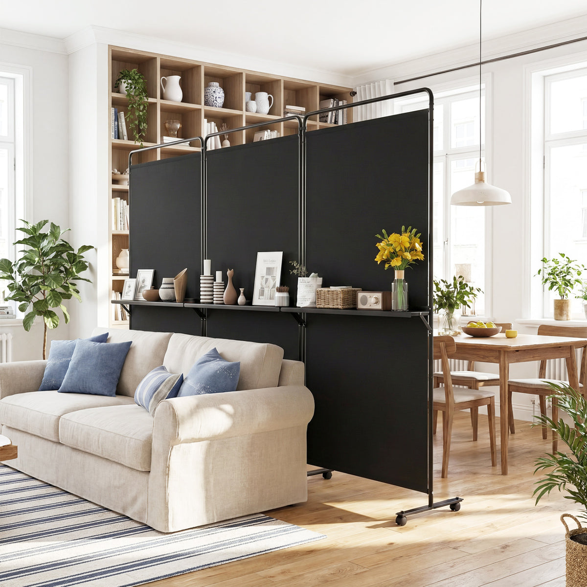3-Panel Room Divider with Shelves 6 FT Tall Folding Privacy Screen with Lockable Wheels-Black