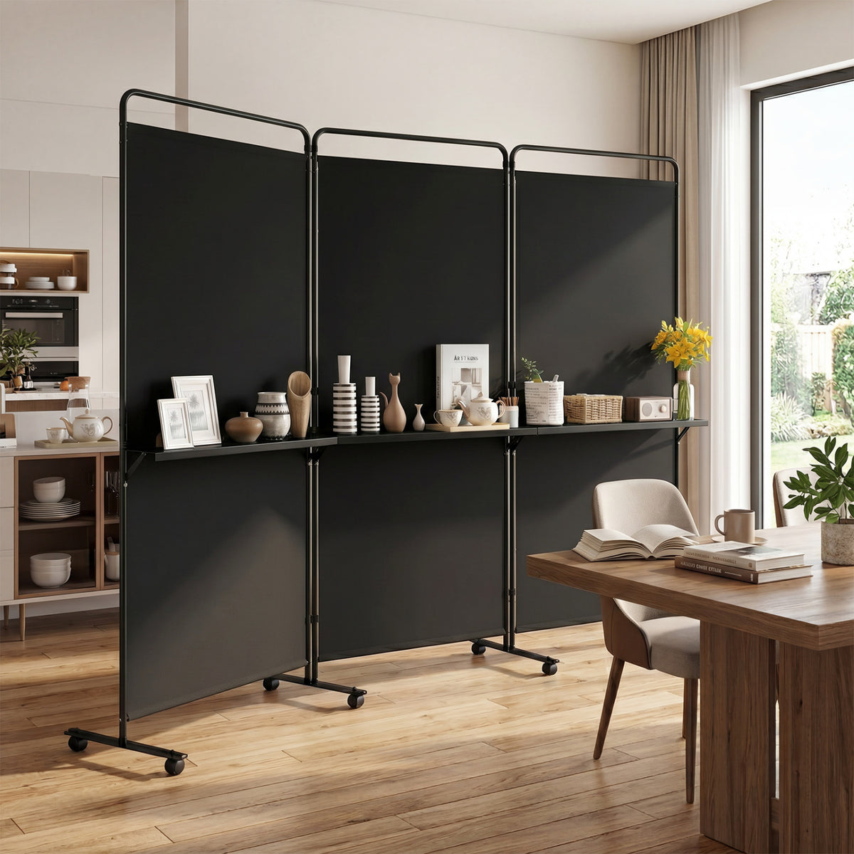 3-Panel Room Divider with Shelves 6 FT Tall Folding Privacy Screen with Lockable Wheels-Black