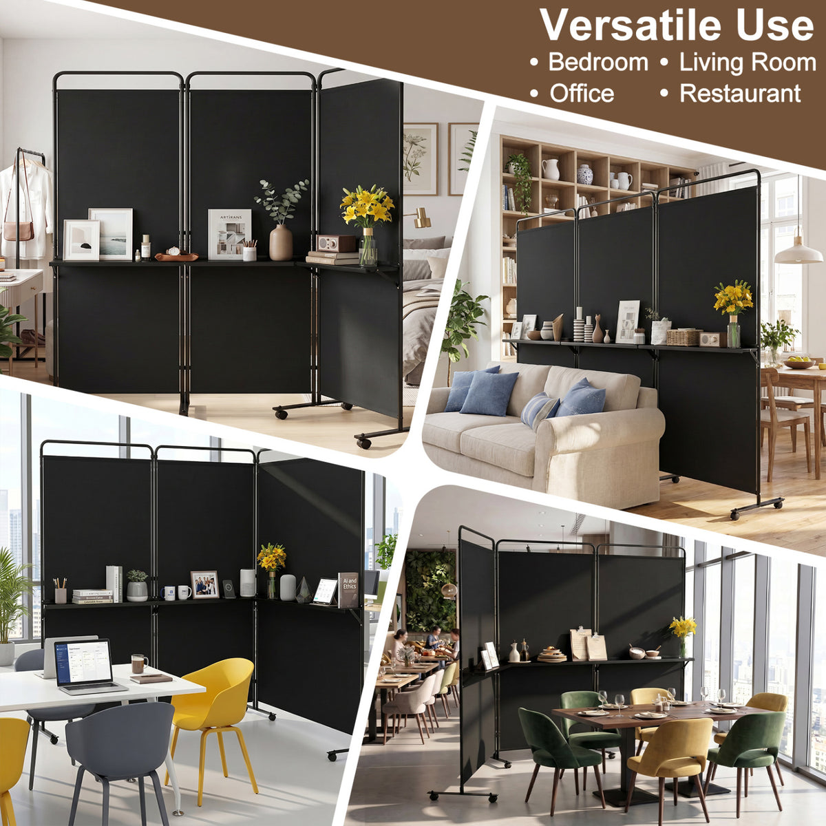 3-Panel Room Divider with Shelves 6 FT Tall Folding Privacy Screen with Lockable Wheels-Black