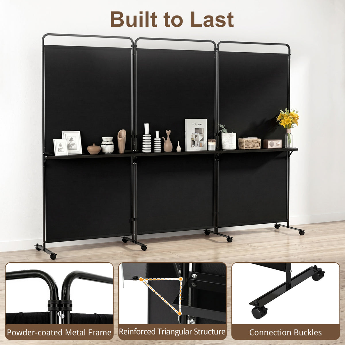 3-Panel Room Divider with Shelves 6 FT Tall Folding Privacy Screen with Lockable Wheels-Black