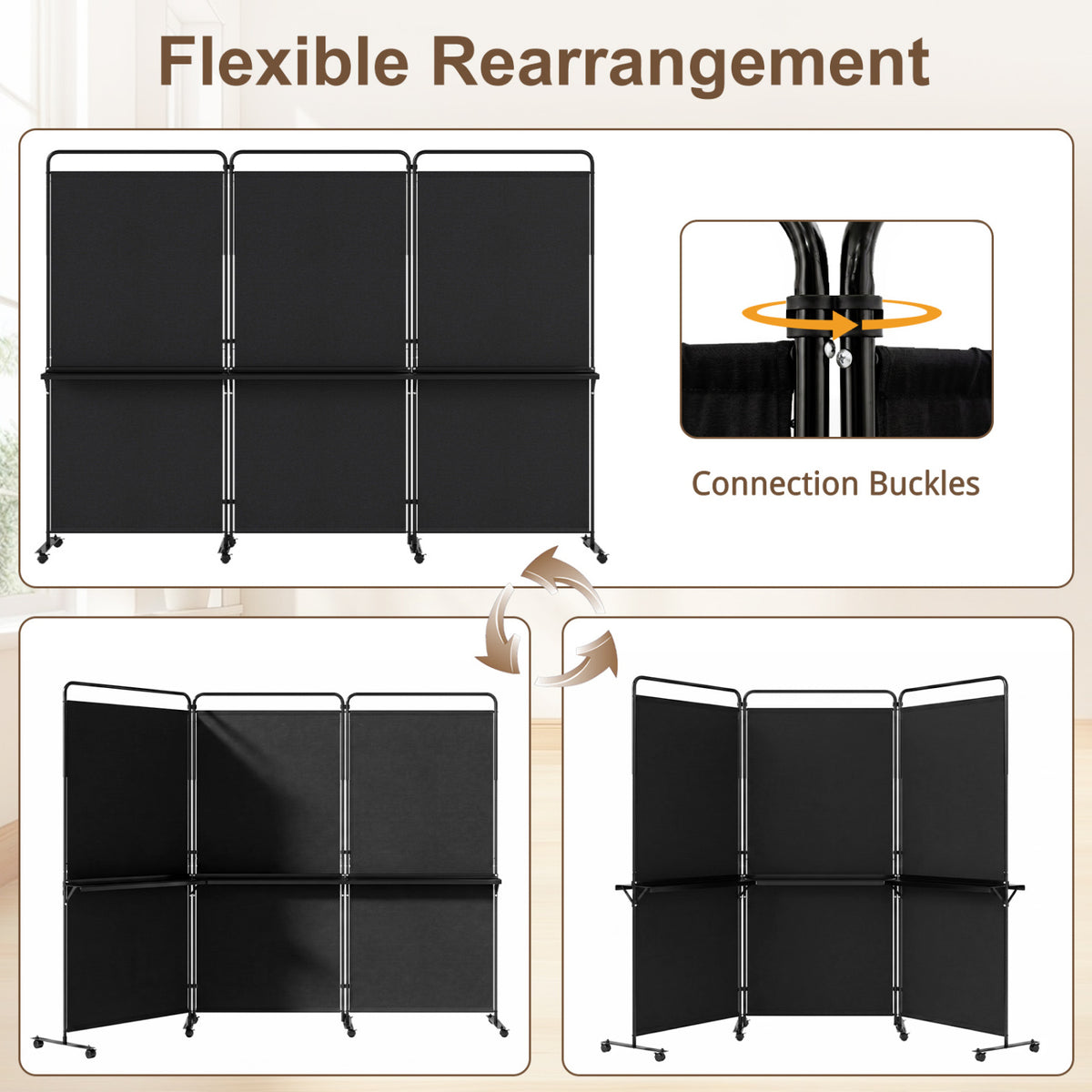 3-Panel Room Divider with Shelves 6 FT Tall Folding Privacy Screen with Lockable Wheels-Black