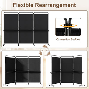 3-Panel Room Divider with Shelves 6 FT Tall Folding Privacy Screen with Lockable Wheels-Black