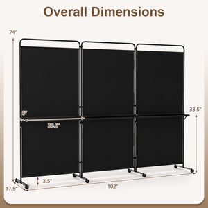 3-Panel Room Divider with Shelves 6 FT Tall Folding Privacy Screen with Lockable Wheels-Black