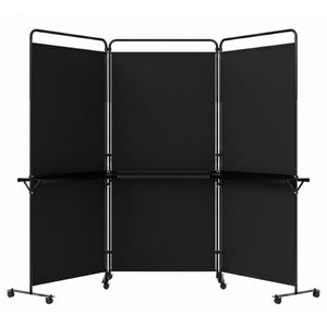3-Panel Room Divider with Shelves 6 FT Tall Folding Privacy Screen with Lockable Wheels-Black