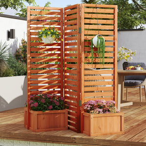 3-Panel Solid Wood Frame Freestanding Garden Fence with 2 Self-Draining Planter Boxes-Yellow