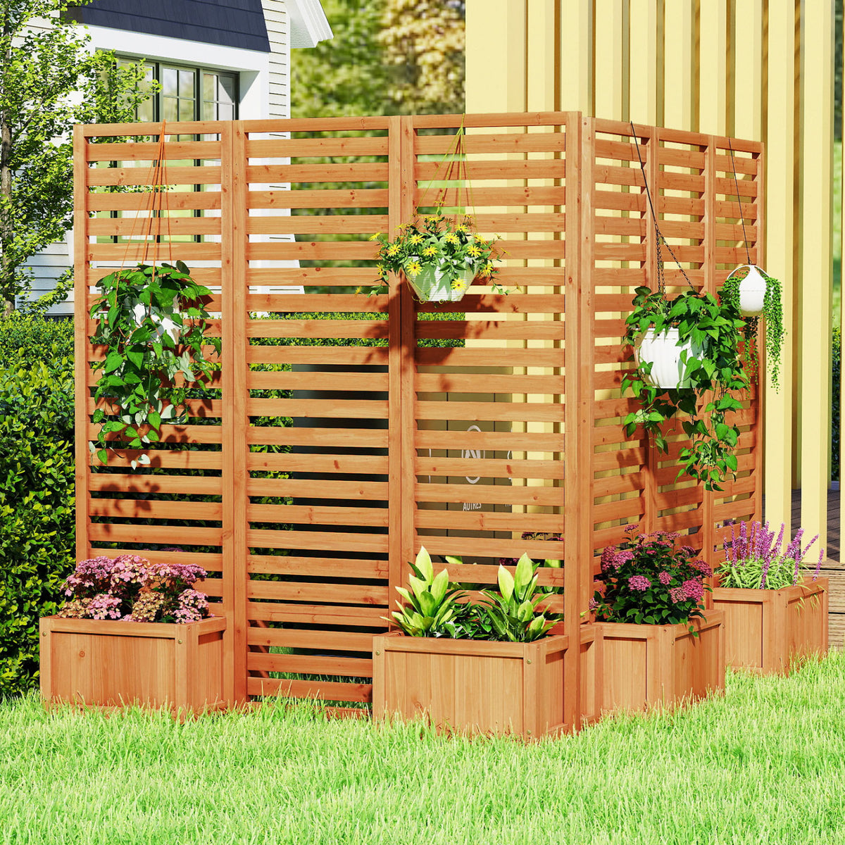 3-Panel Solid Wood Frame Freestanding Garden Fence with 2 Self-Draining Planter Boxes-Yellow