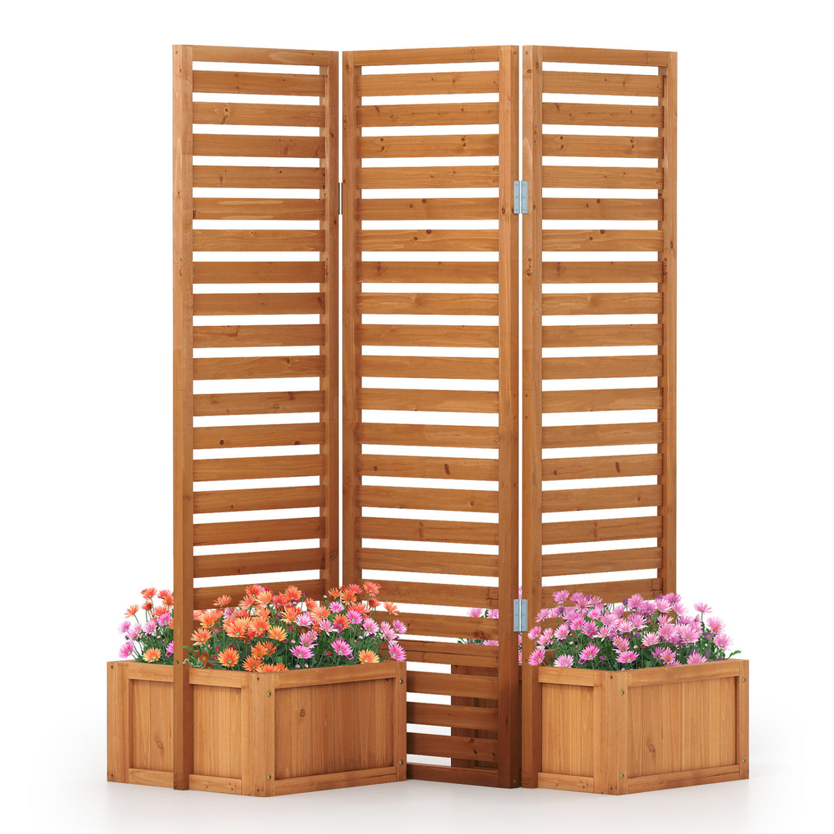 3-Panel Solid Wood Frame Freestanding Garden Fence with 2 Self-Draining Planter Boxes-Yellow