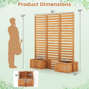3-Panel Solid Wood Frame Freestanding Garden Fence with 2 Self-Draining Planter Boxes-Yellow