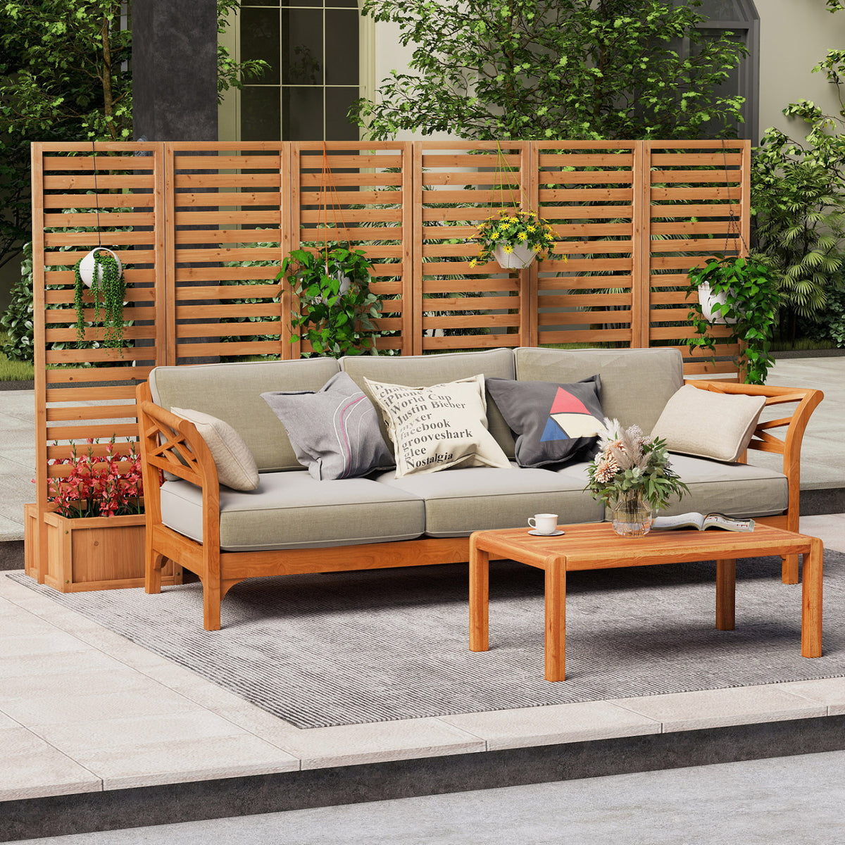 3-Panel Solid Wood Frame Freestanding Garden Fence with 2 Self-Draining Planter Boxes-Yellow