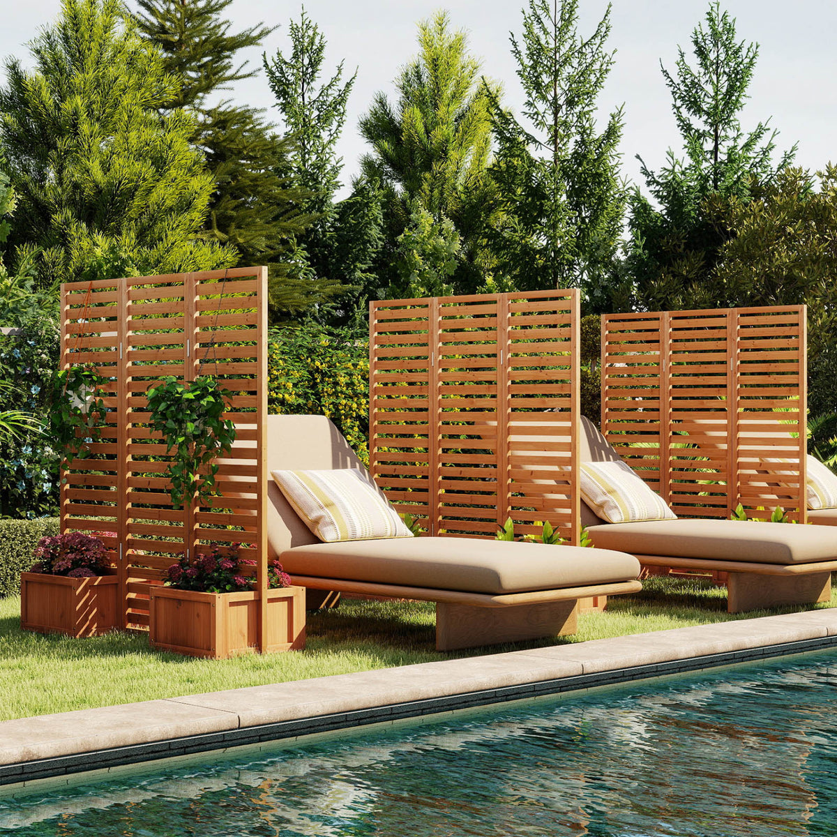 3-Panel Solid Wood Frame Freestanding Garden Fence with 2 Self-Draining Planter Boxes-Yellow