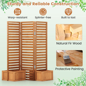 3-Panel Solid Wood Frame Freestanding Garden Fence with 2 Self-Draining Planter Boxes-Yellow