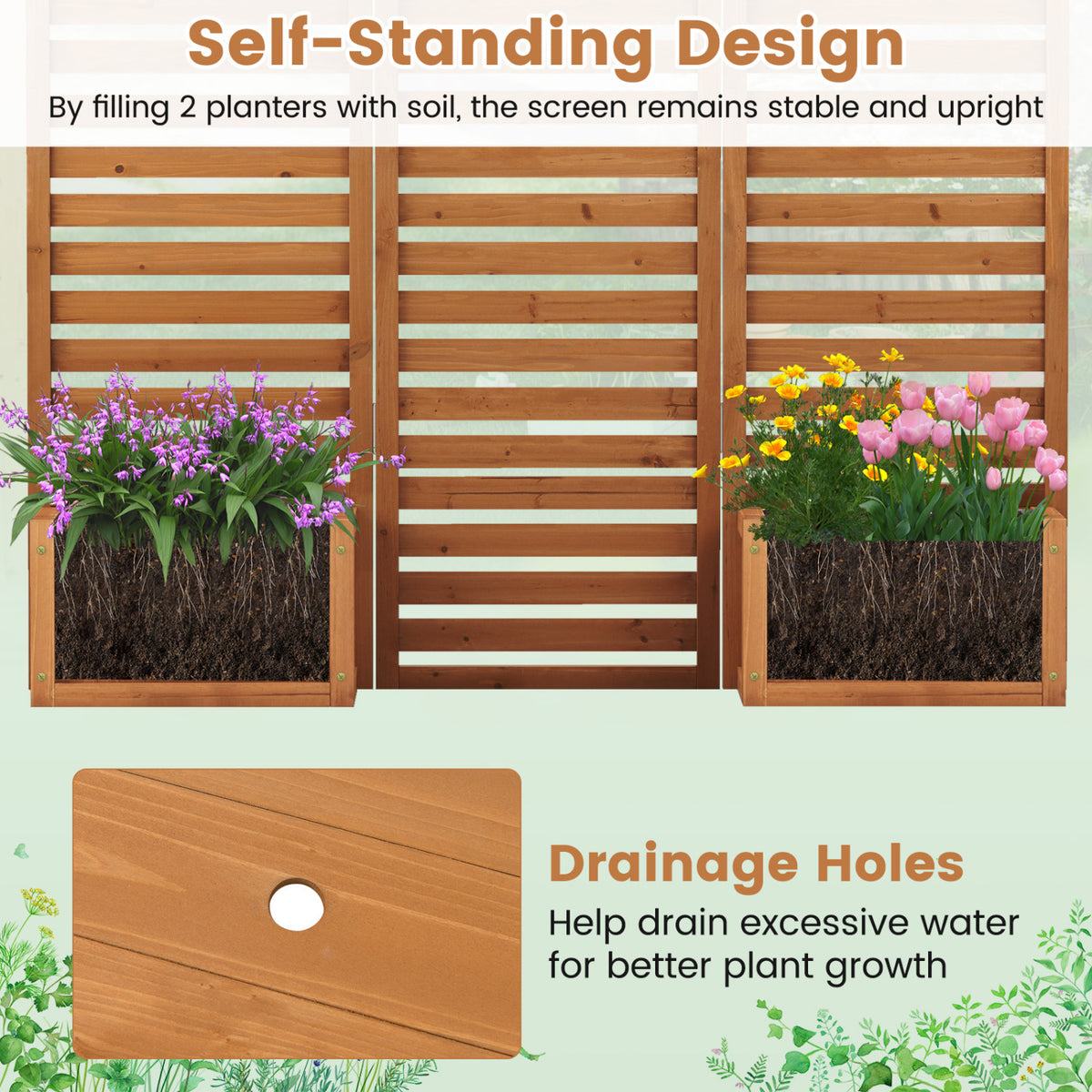 3-Panel Solid Wood Frame Freestanding Garden Fence with 2 Self-Draining Planter Boxes-Yellow