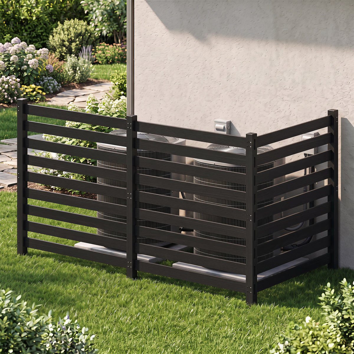 3-Panel Wooden Outdoor Privacy Fence with Ground Stakes-Black