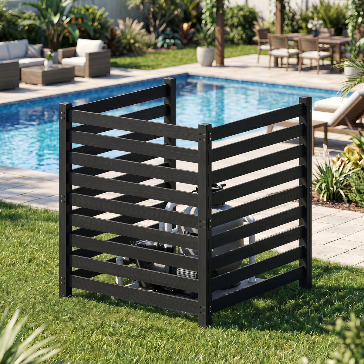 3-Panel Wooden Outdoor Privacy Fence with Ground Stakes-Black