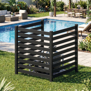 3-Panel Wooden Outdoor Privacy Fence with Ground Stakes-Black