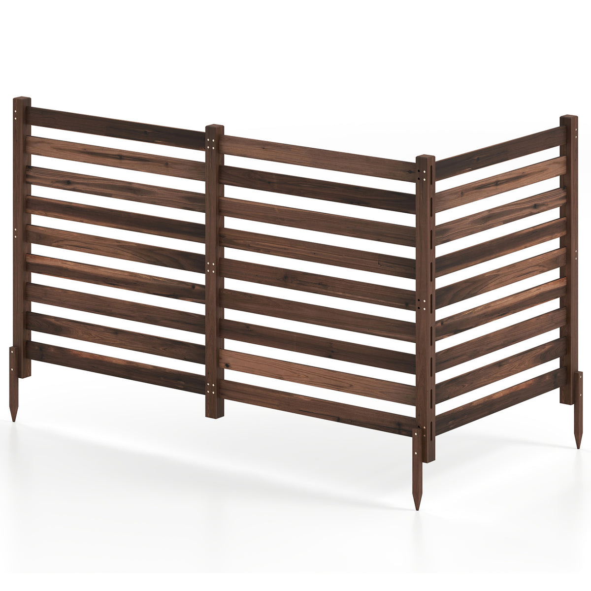 3-Panel Wooden Outdoor Privacy Fence with Ground Stakes-Brown