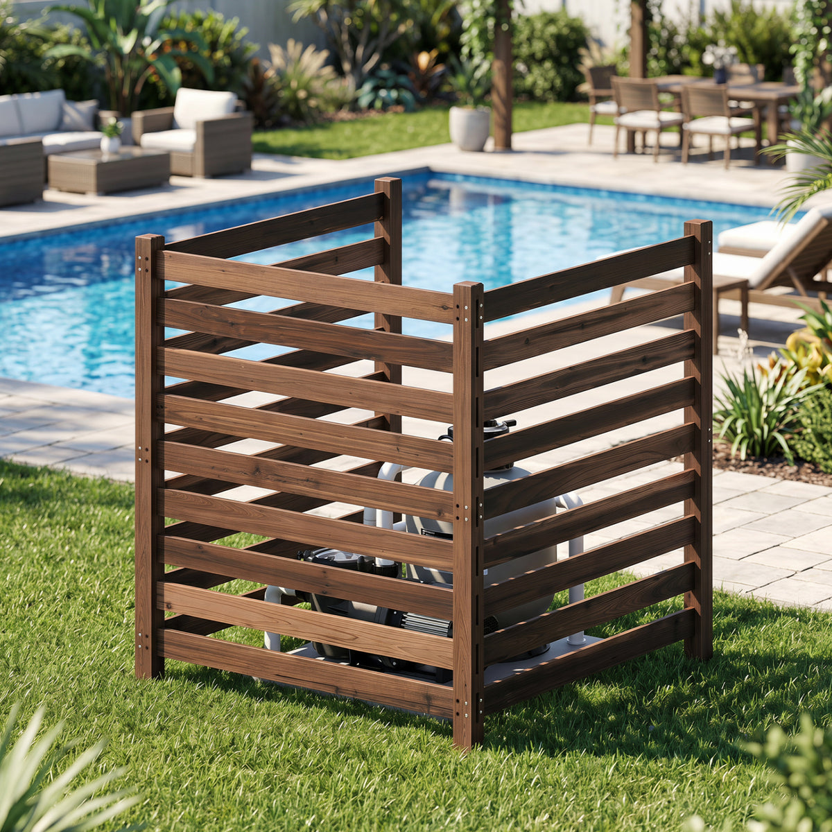 3-Panel Wooden Outdoor Privacy Fence with Ground Stakes-Brown
