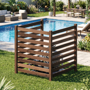 3-Panel Wooden Outdoor Privacy Fence with Ground Stakes-Brown