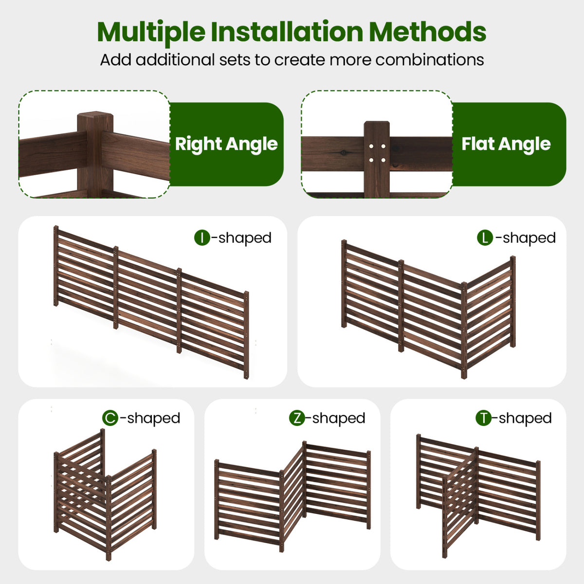 3-Panel Wooden Outdoor Privacy Fence with Ground Stakes-Brown