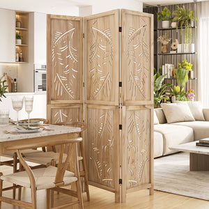 3-Panel Wooden Room Divider with Palm Leaf Design & Paulownia Frame for Home