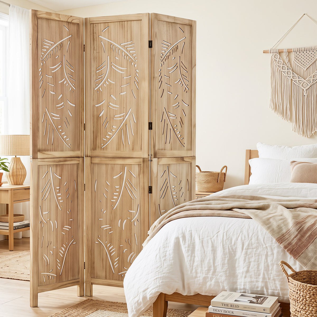 3-Panel Wooden Room Divider with Palm Leaf Design & Paulownia Frame for Home
