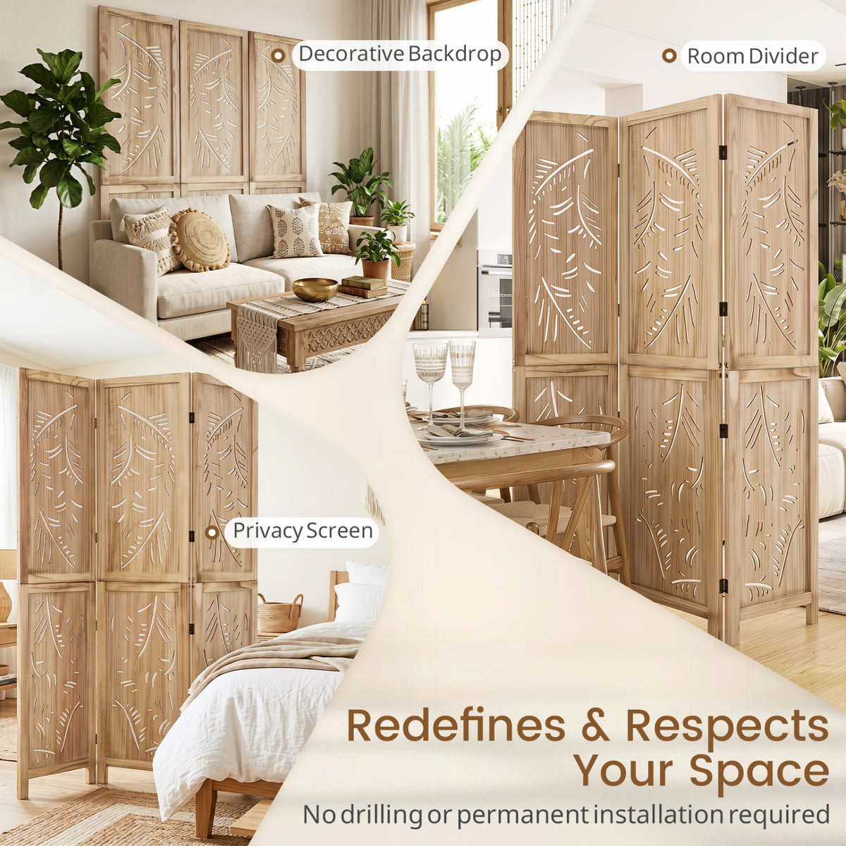 3-Panel Wooden Room Divider with Palm Leaf Design & Paulownia Frame for Home