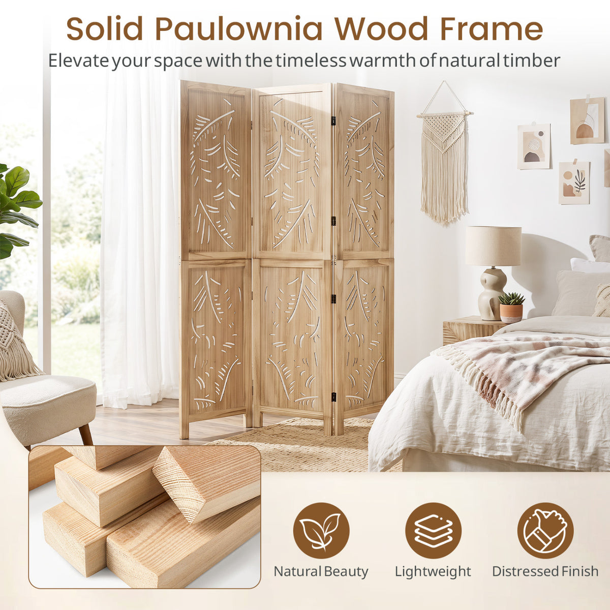 3-Panel Wooden Room Divider with Palm Leaf Design & Paulownia Frame for Home