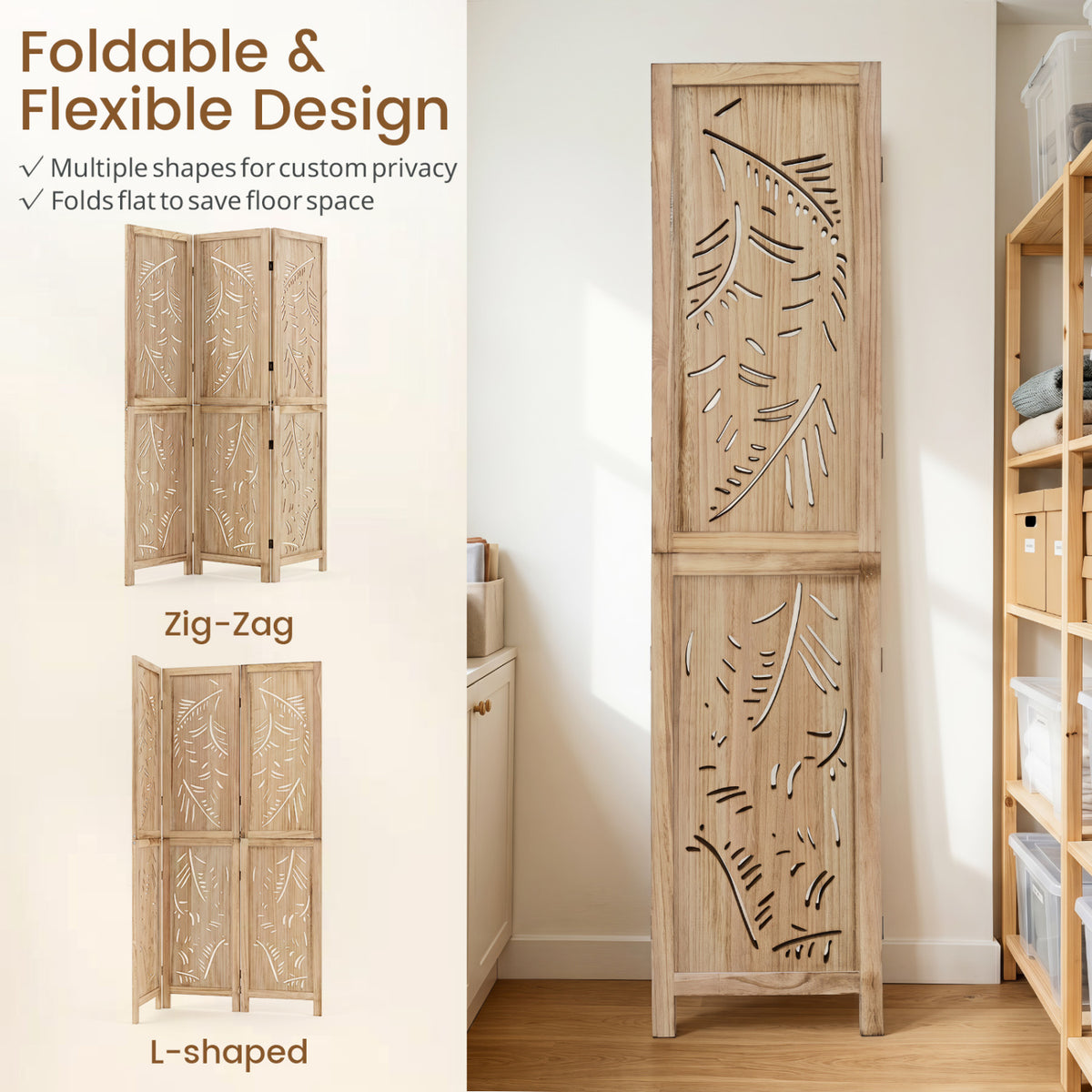 3-Panel Wooden Room Divider with Palm Leaf Design & Paulownia Frame for Home