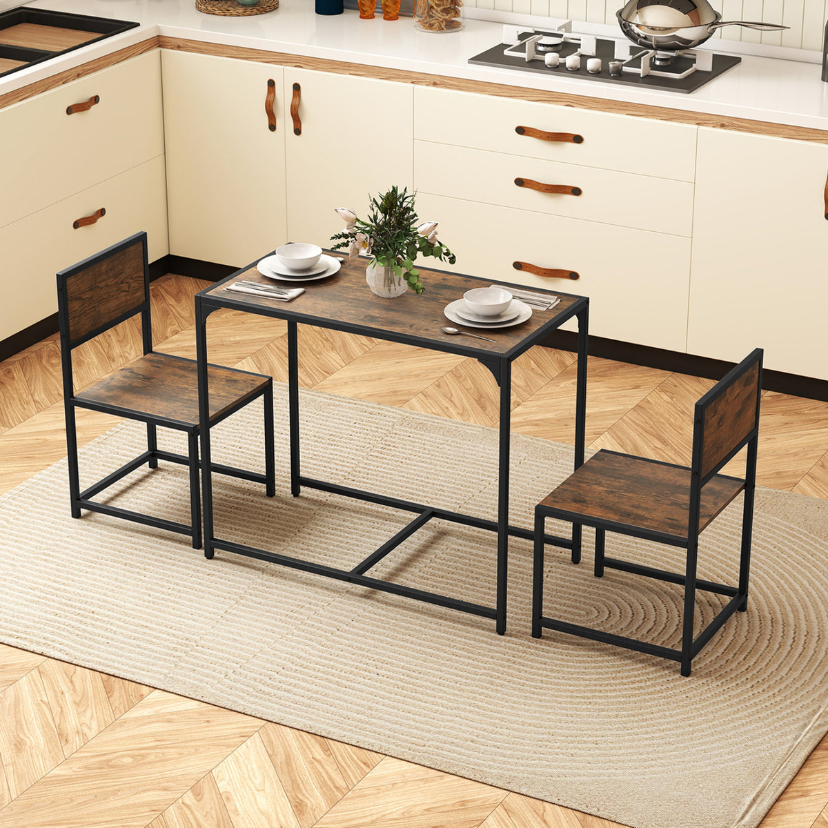 3 Pcs Dining Set Compact Table and 2 Chair with Metal Frame for for Small Space-Coffee