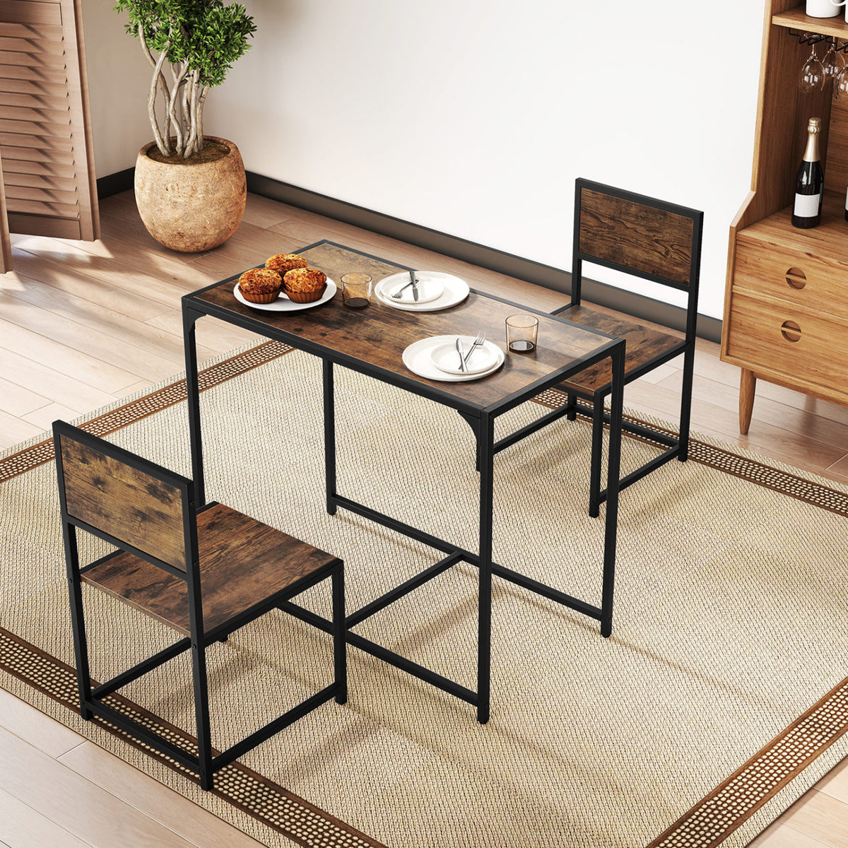 3 Pcs Dining Set Compact Table and 2 Chair with Metal Frame for for Small Space-Coffee