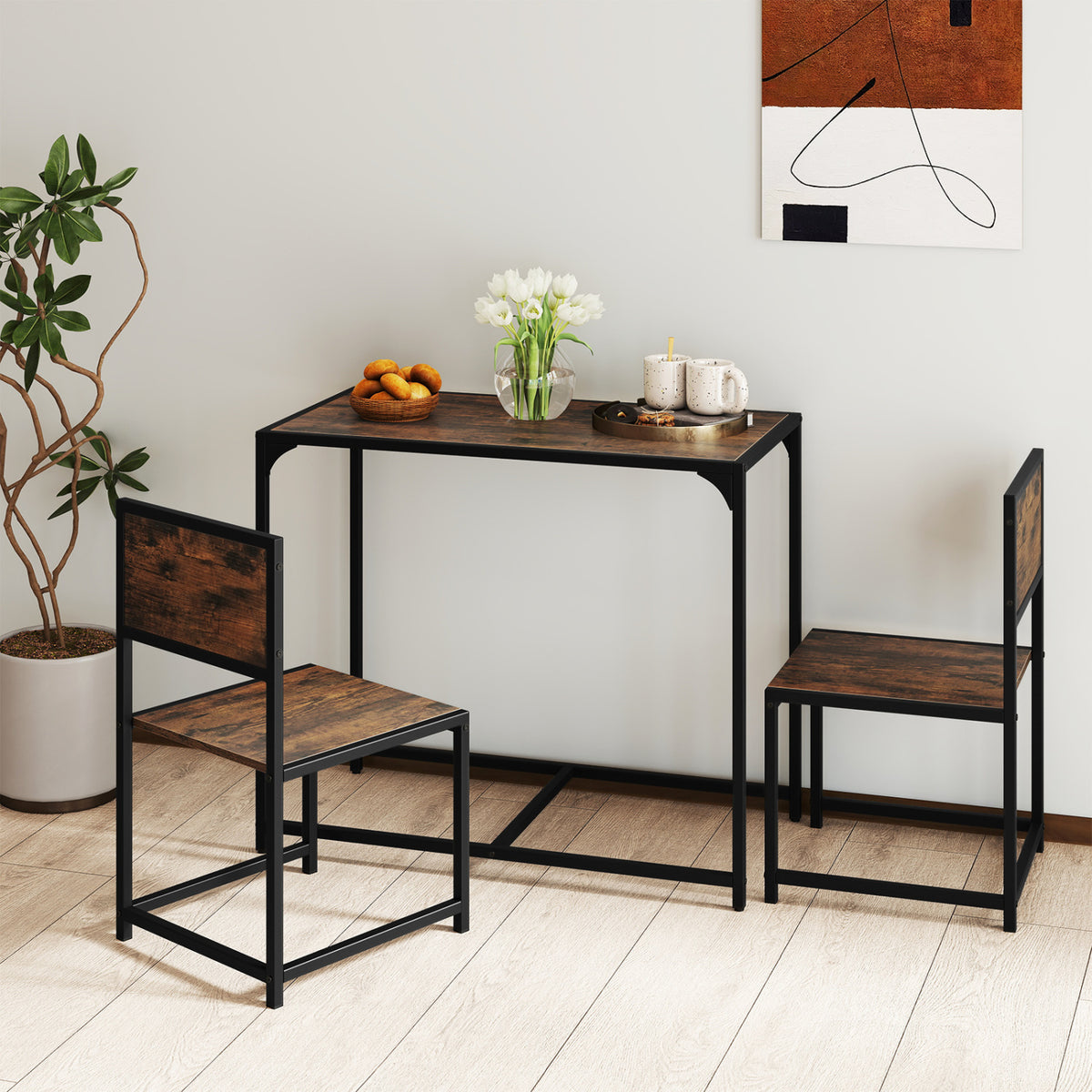 3 Pcs Dining Set Compact Table and 2 Chair with Metal Frame for for Small Space-Coffee