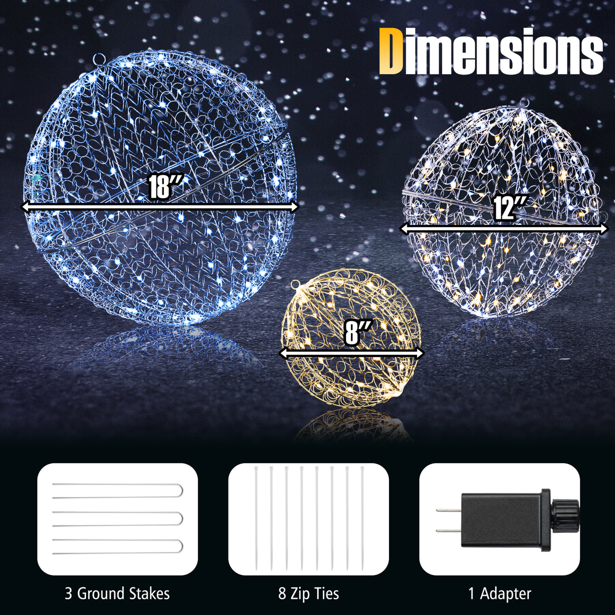 3 Pcs Lighted Christmas Balls Large Standing/Hanging Metal Sphere Lights with 435 LEDs