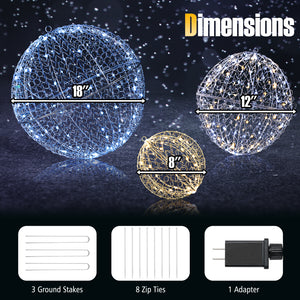 3 Pcs Lighted Christmas Balls Large Standing/Hanging Metal Sphere Lights with 435 LEDs