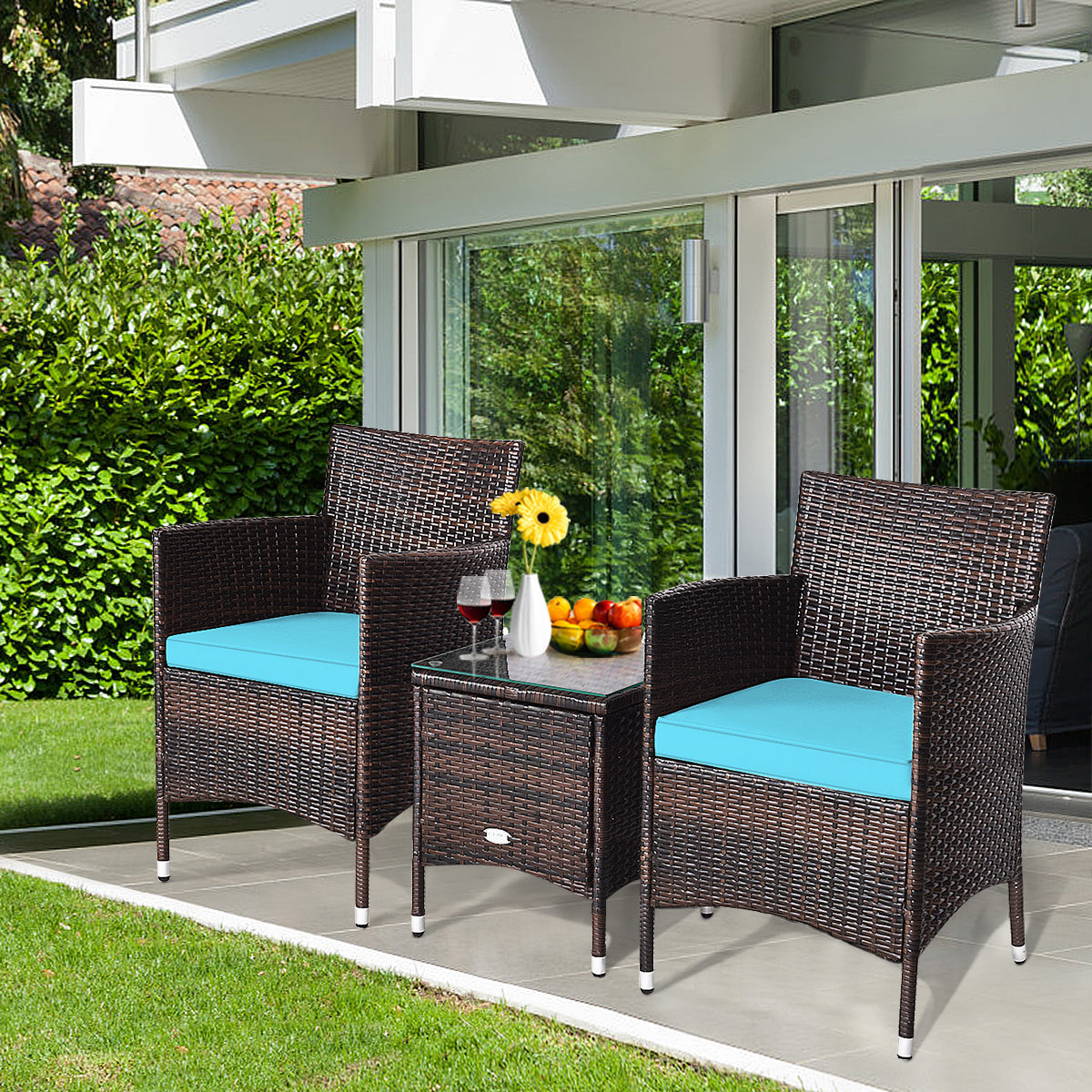 3 Pcs Outdoor Rattan Wicker Furniture Set-Blue