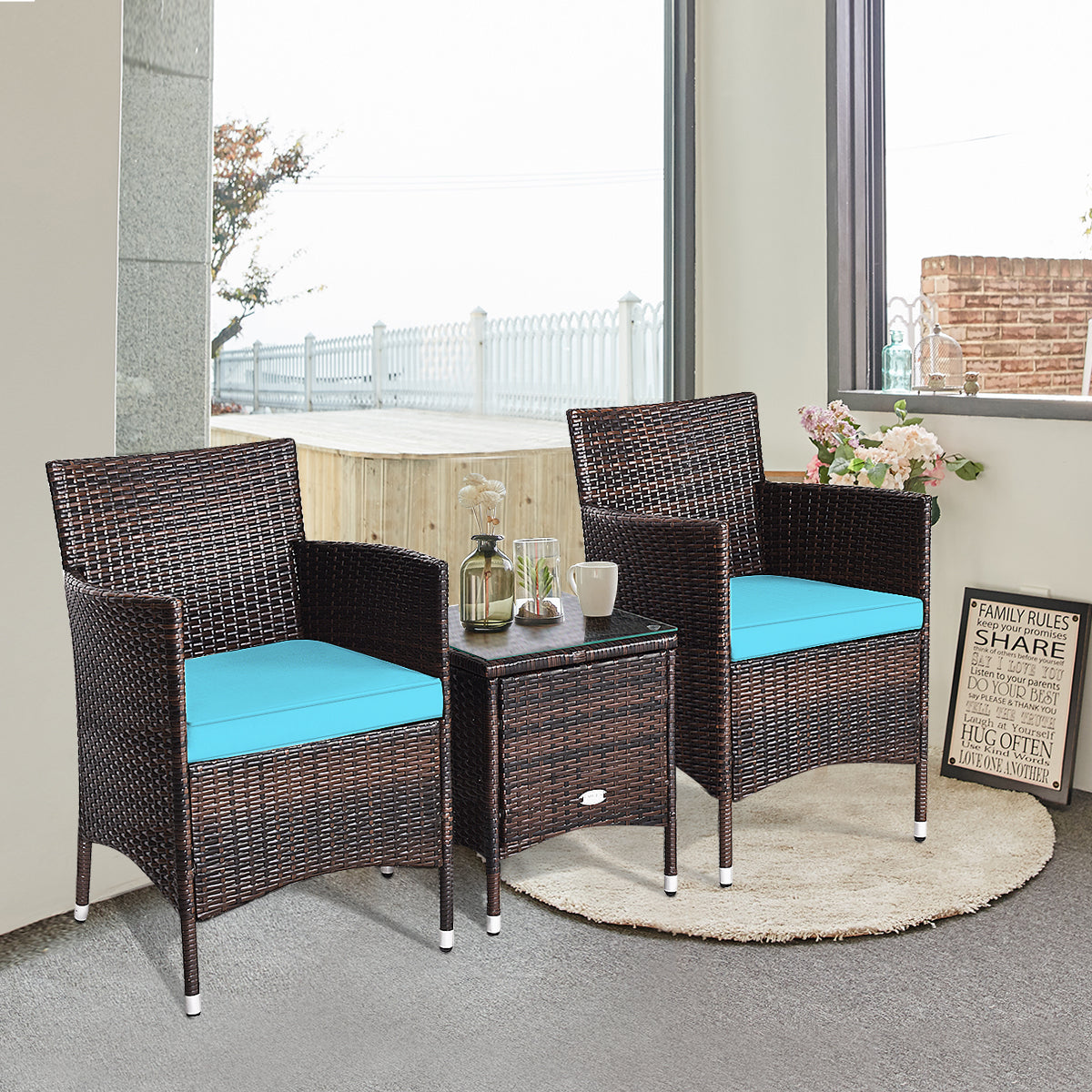 3 Pcs Outdoor Rattan Wicker Furniture Set-Blue