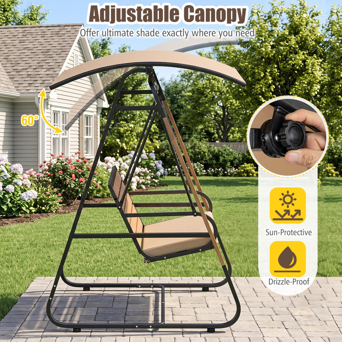 3-Person Porch Swing  Outdoor Swing with Adjustable Canopy-Beige