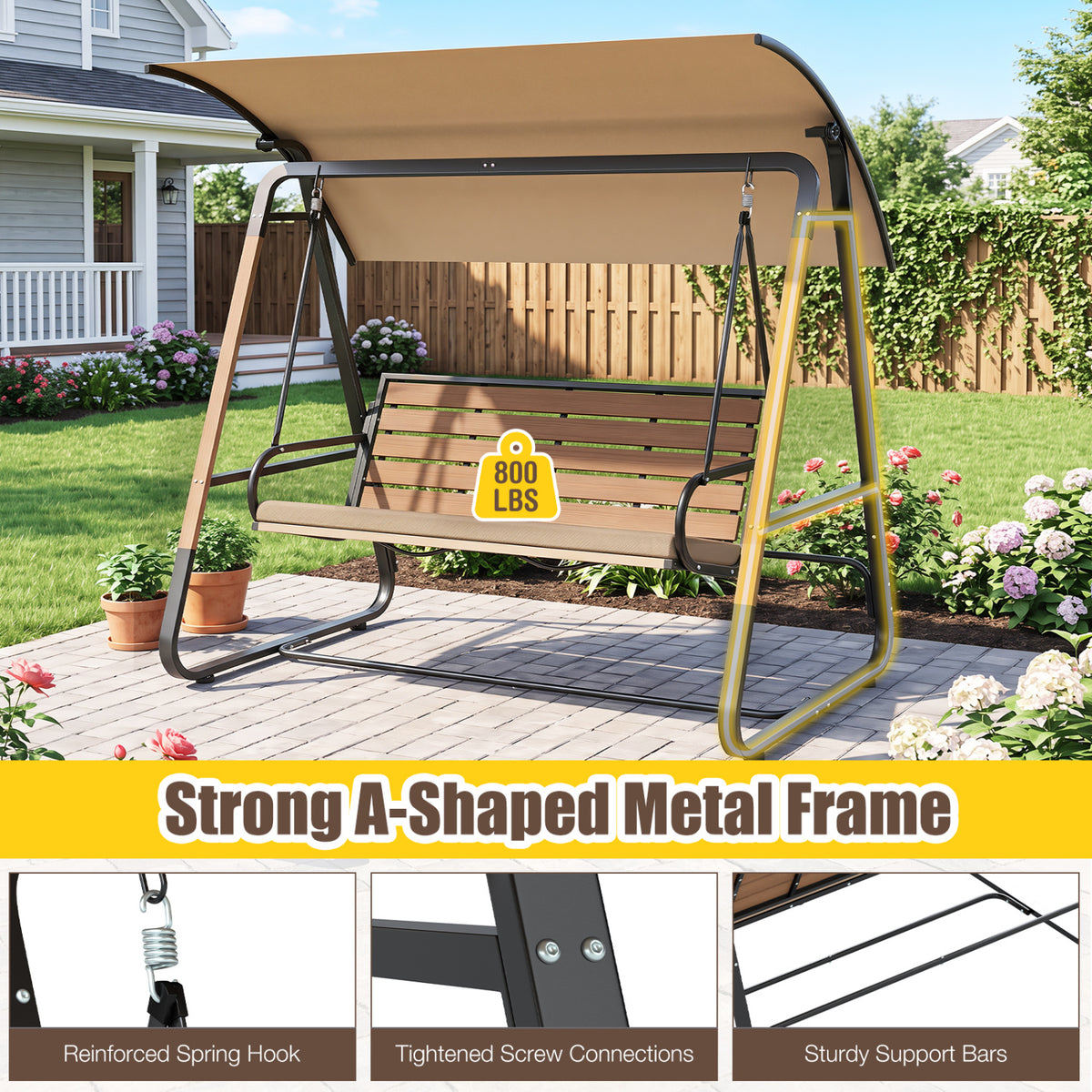 3-Person Porch Swing  Outdoor Swing with Adjustable Canopy-Beige