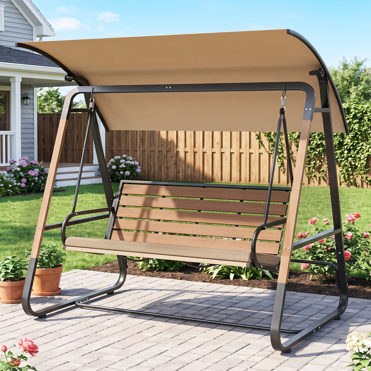 3-Person Porch Swing  Outdoor Swing with Adjustable Canopy-Beige