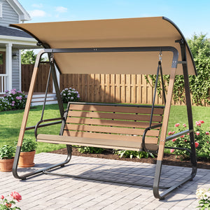3-Person Porch Swing  Outdoor Swing with Adjustable Canopy-Beige