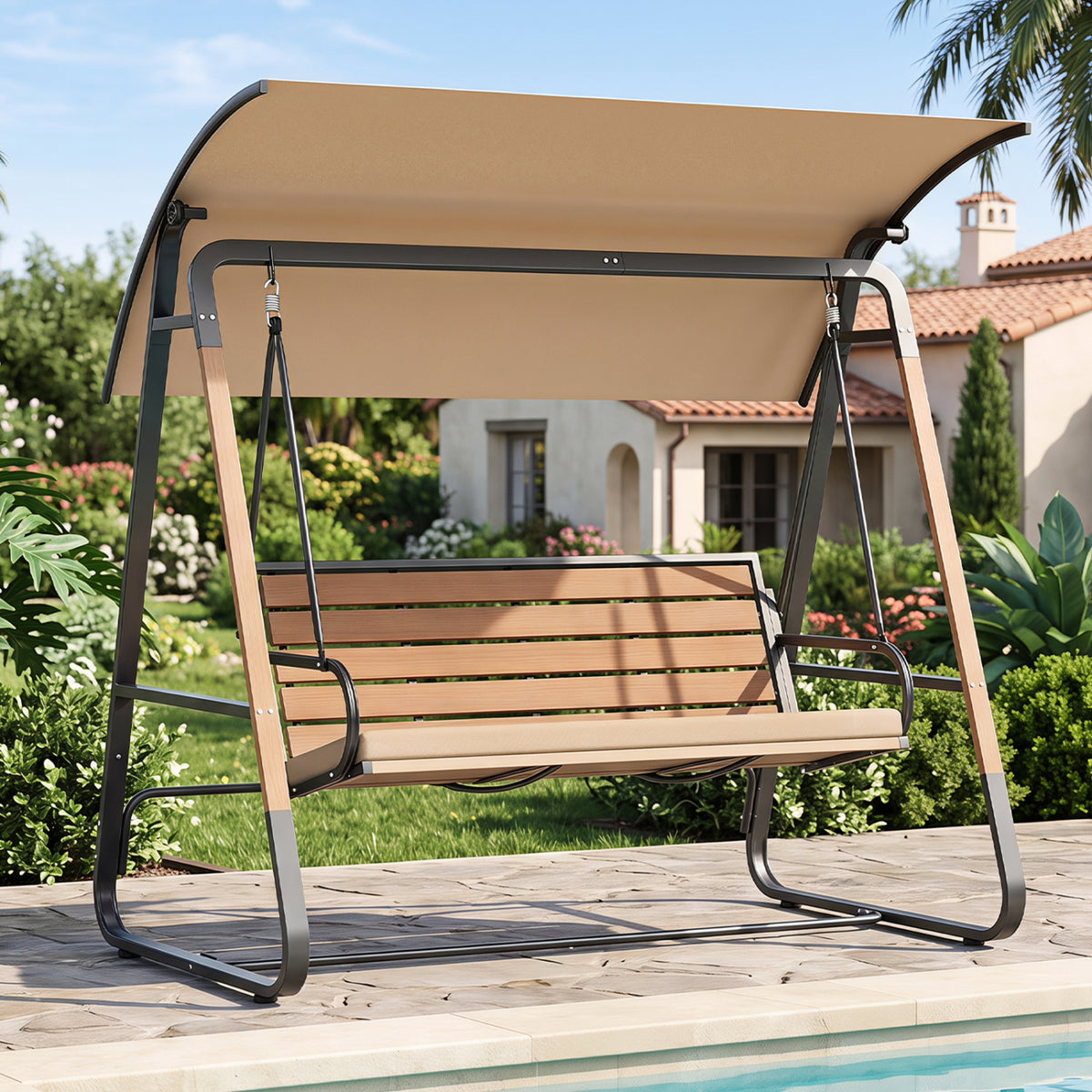 3-Person Porch Swing  Outdoor Swing with Adjustable Canopy-Beige