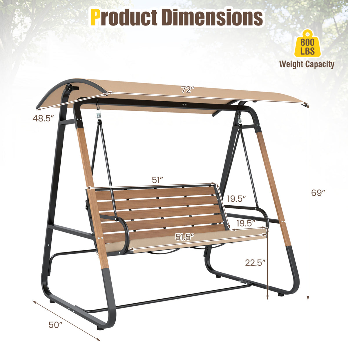 3-Person Porch Swing  Outdoor Swing with Adjustable Canopy-Beige
