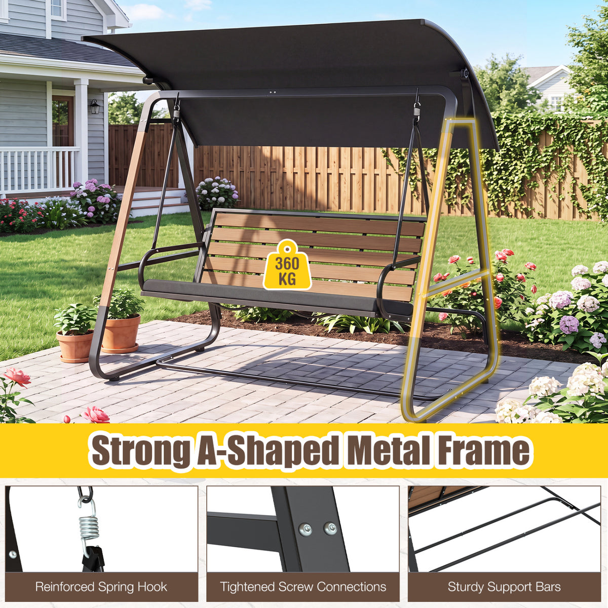 3-Person Porch Swing  Outdoor Swing with Adjustable Canopy-Black