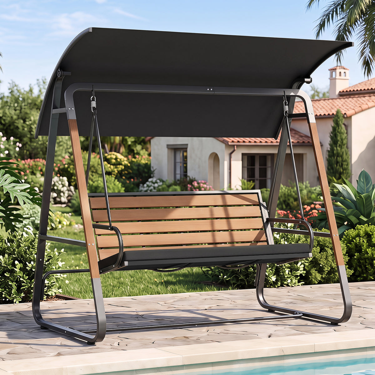 3-Person Porch Swing  Outdoor Swing with Adjustable Canopy-Black