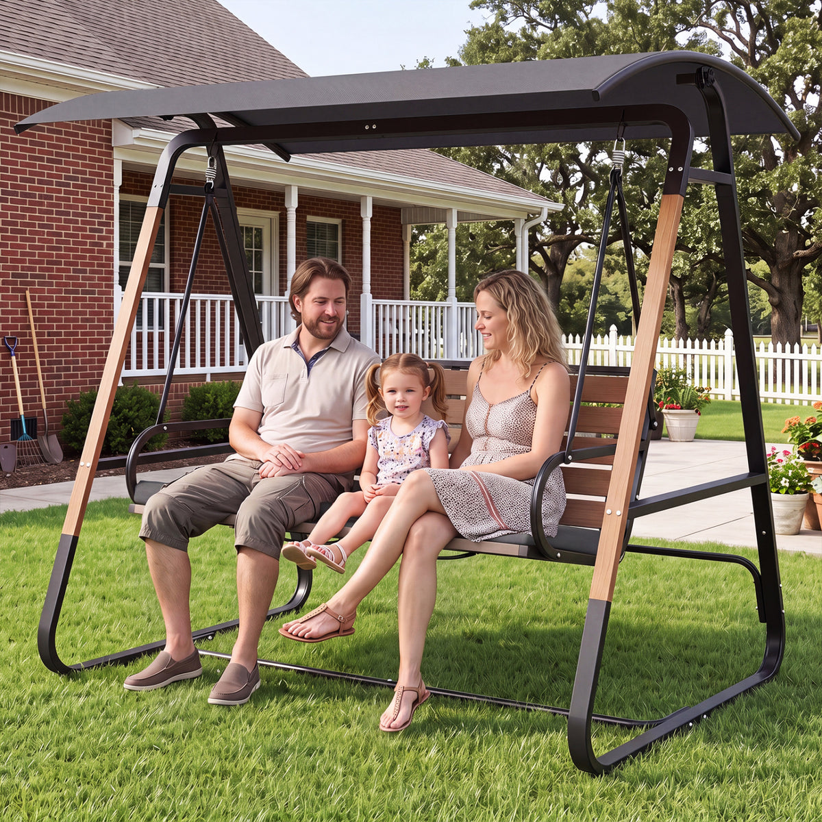 3-Person Porch Swing  Outdoor Swing with Adjustable Canopy-Black