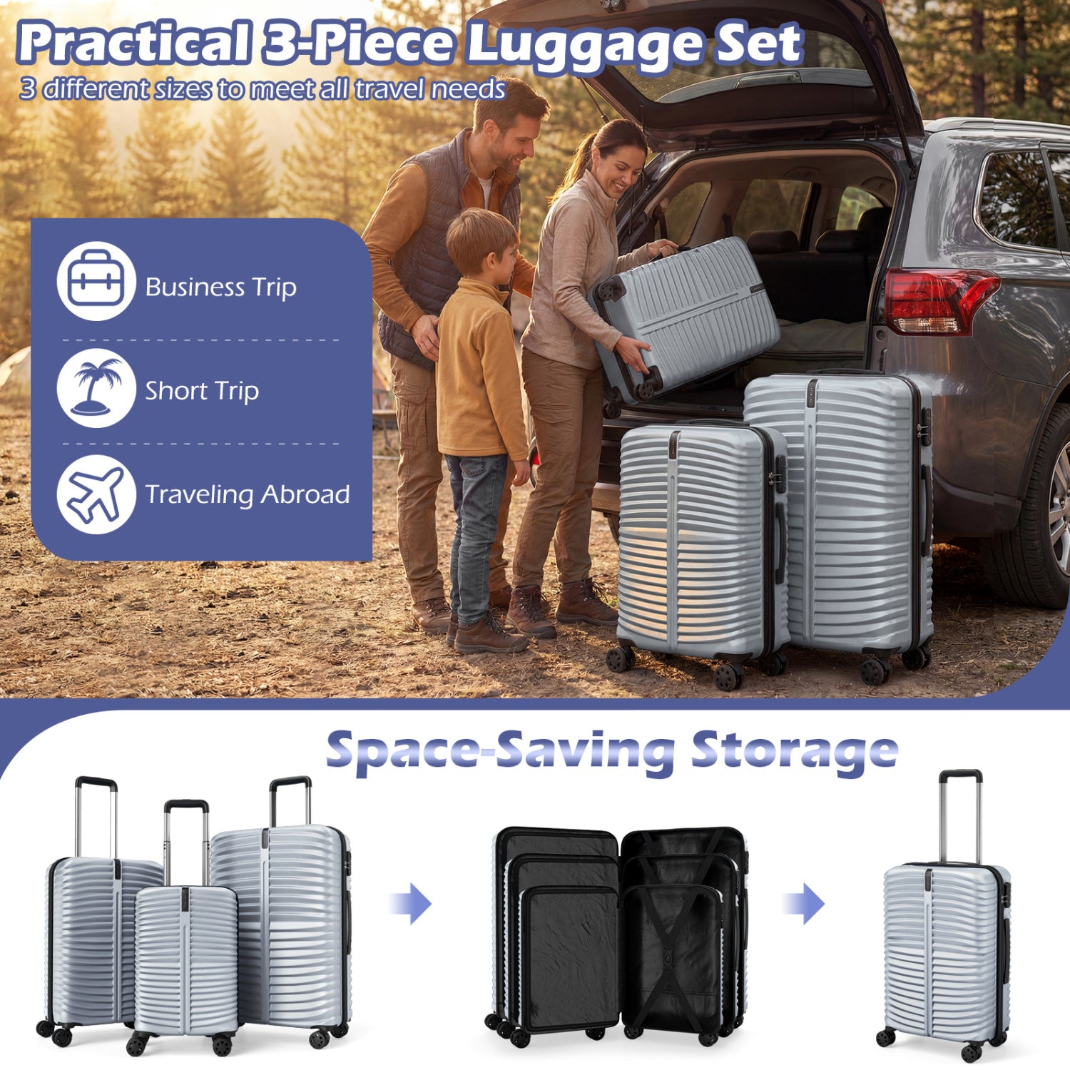 3-Piece 20/24/28 Inch Lightweight Hardside Luggage Set with 8-Spinner Wheels-Gray