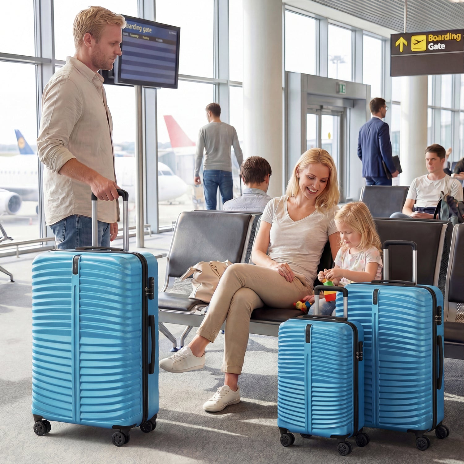 3-Piece 20/24/28 Inch Lightweight Hardside Luggage Set with 8-Spinner Wheels-Blue